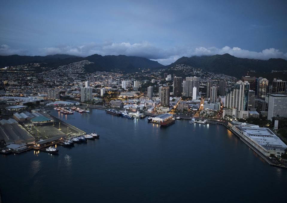 Aerial view of Waikiki, Hawaii at dusk