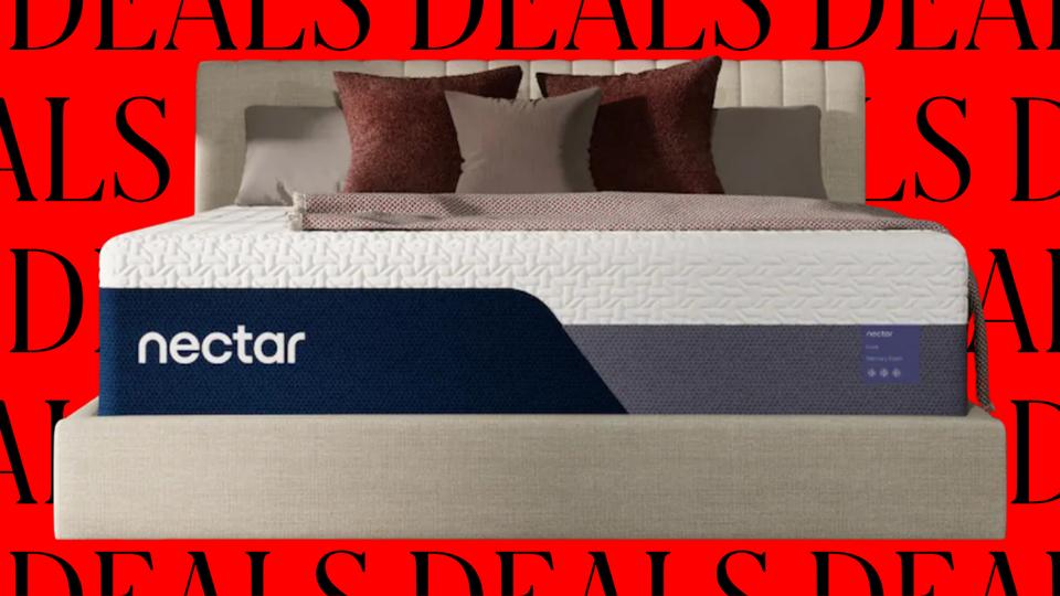 A white and navy Nectar mattress on a bright red background with the word deals repeated