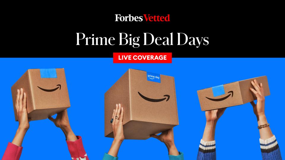 Live tracking Amazon Prime Big Deal Days, hands holding up packages against blue