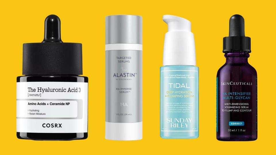 4 hyaluronic acid serums on a yellow background