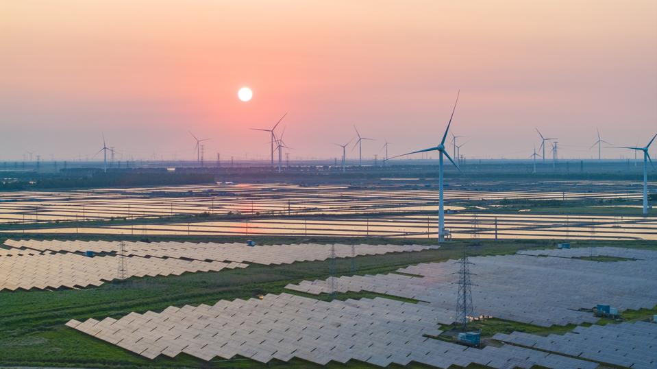 Photo of PV solar panels and wind turbines in China in May 2025.