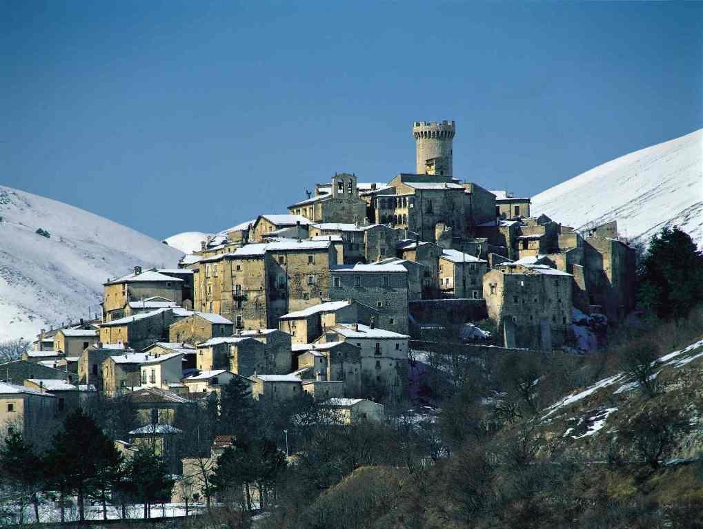 The historical village Santo Stefano is dusted with snow during winter in Abruzzo, Italy