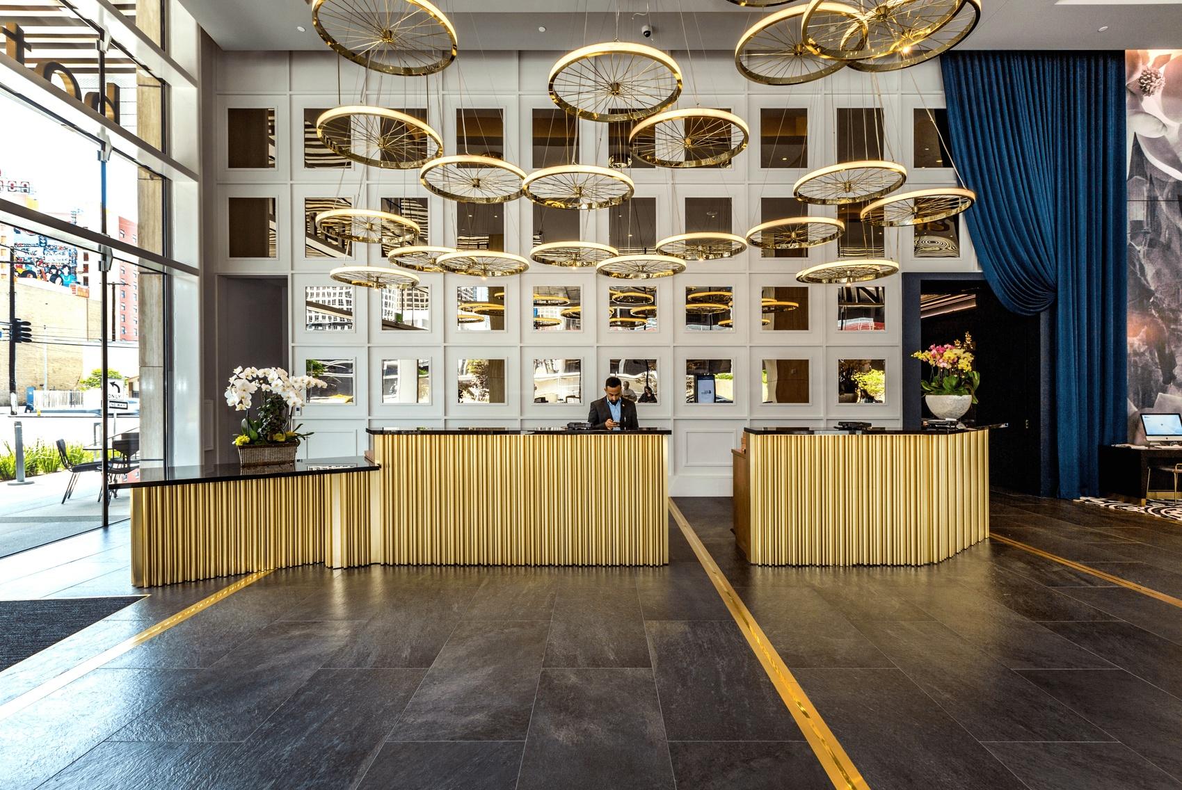 Hotel Indigo Los Angeles Downtown front desk and lobby