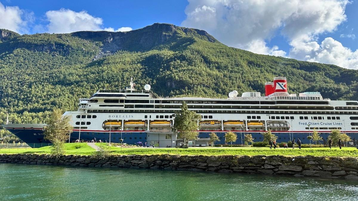 Fred Olsen 'Borealis' cruise ship docked in Flåm, Norway.