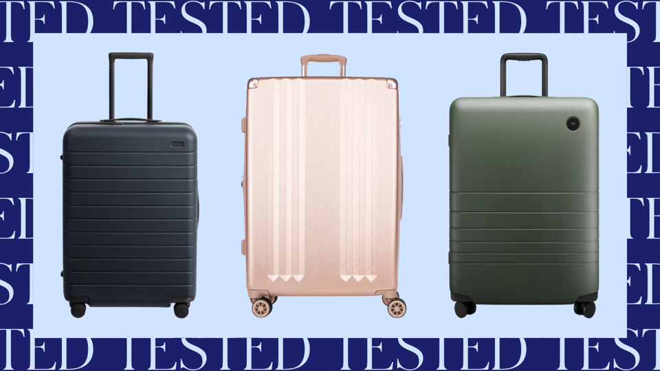 Three suitcases on light blue background. Frame is navy with "Tested" printed throughout