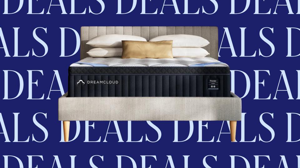 An image of the DreamCloud Premier Hybrid Mattress on a background with "deals" written across.