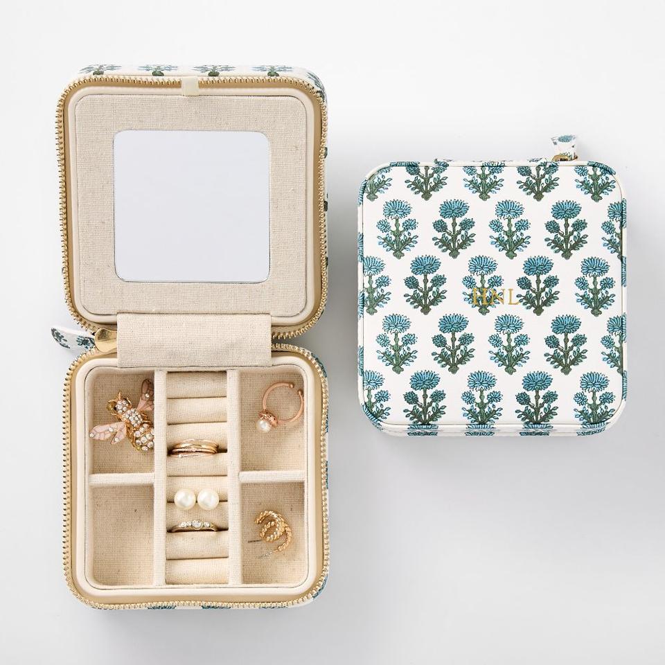 Small Travel Jewelry Case, Foil Debossed in red open and closed w/ hoop earrings on white bg