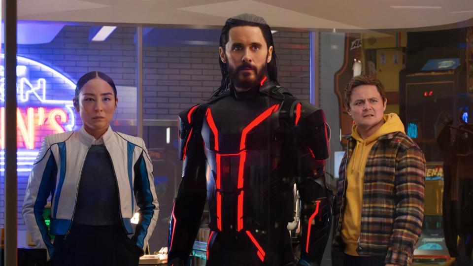 Greta Lee, Jared Leto and Arturo Castro in "TRON: Ares."