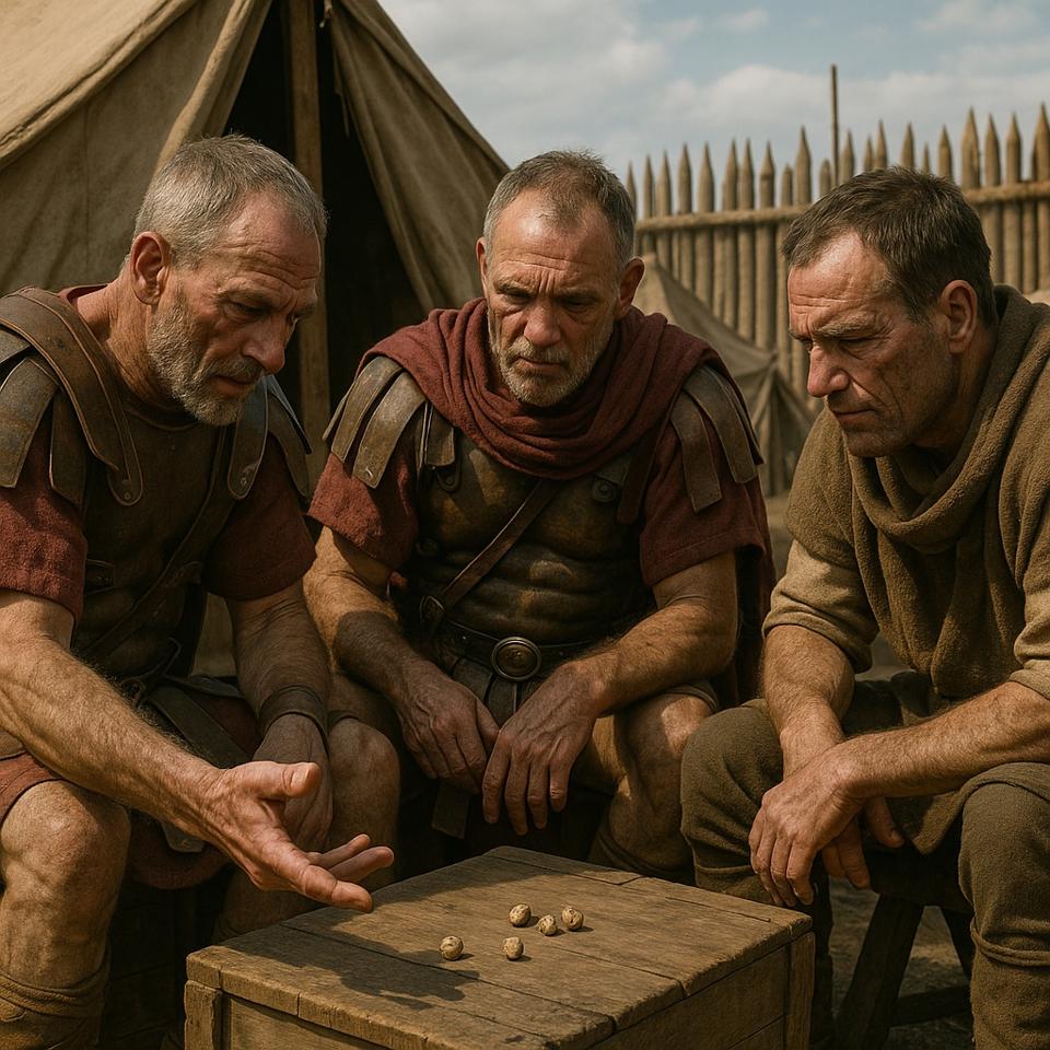 AI-generated image of men in ancient military camp playing simple game with dice or stones