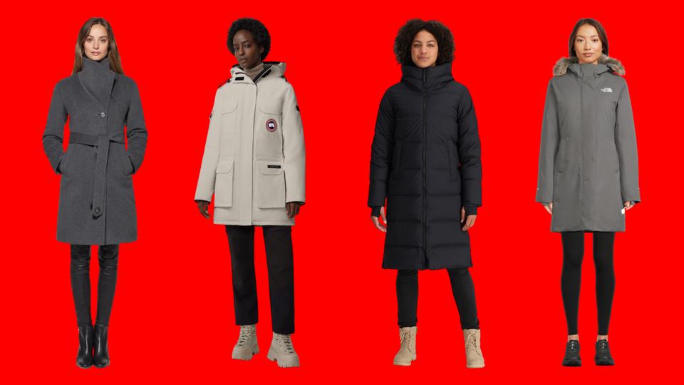 Four women wearing warm winter coats on a red background