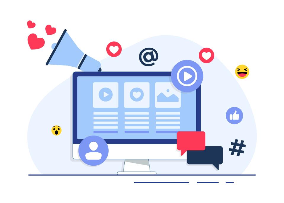 Illustration of a computer monitor showing social media posts, surrounded by heart icons, facial reaction emojis, a thumb up "like" icon, dialog bubbles, hashtag and "at"signs, and a megaphone with hearts coming out. Social media marketing concept