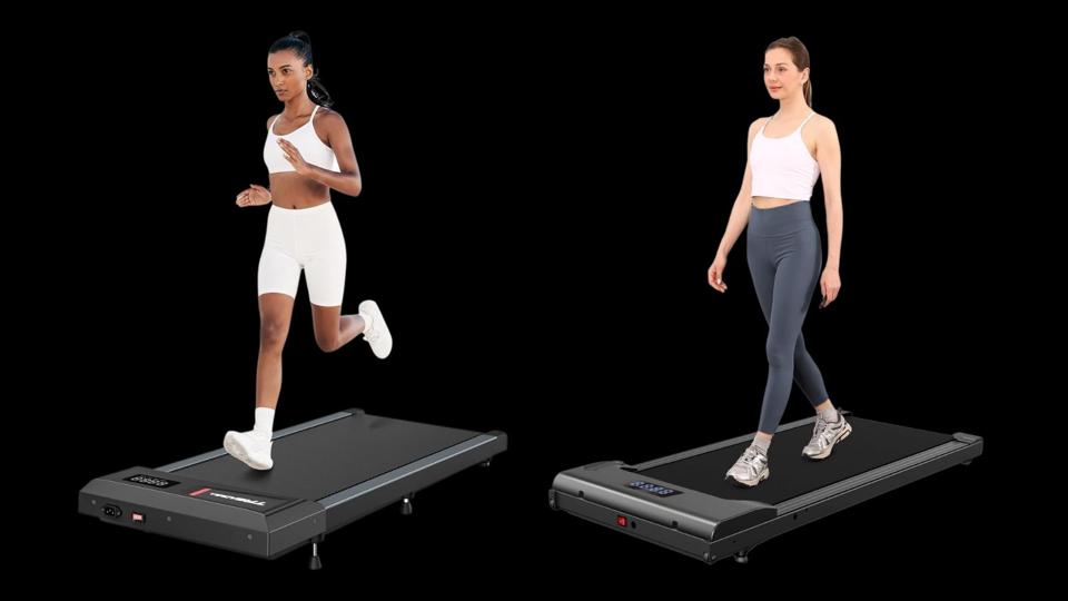 Two women walking and running on walking pads on a black background.