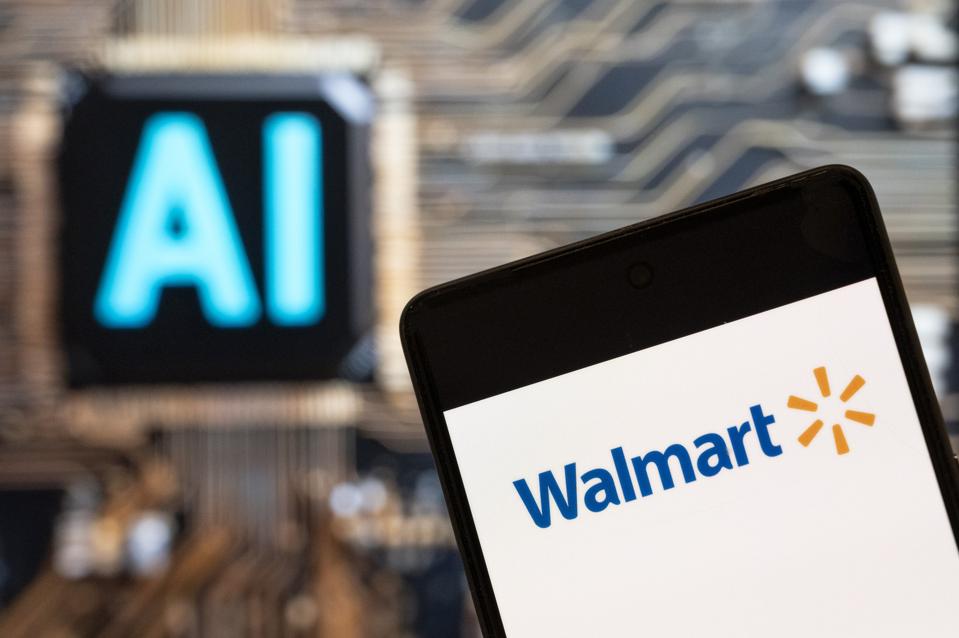 Smartphone displaying the Walmart logo in front of a blurred AI circuit board, representing Walmart’s partnership with OpenAI