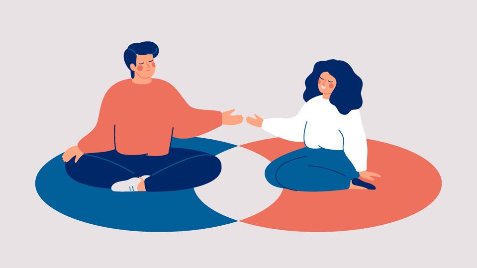 Personal boundaries in love relationships, friedship or in society. Man and woman protect their private spaces and have shared zone for two. Mental health vector