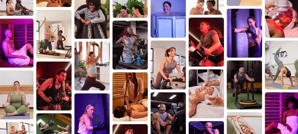 Collage of people participating in a variety of workouts at different studios and gyms. 