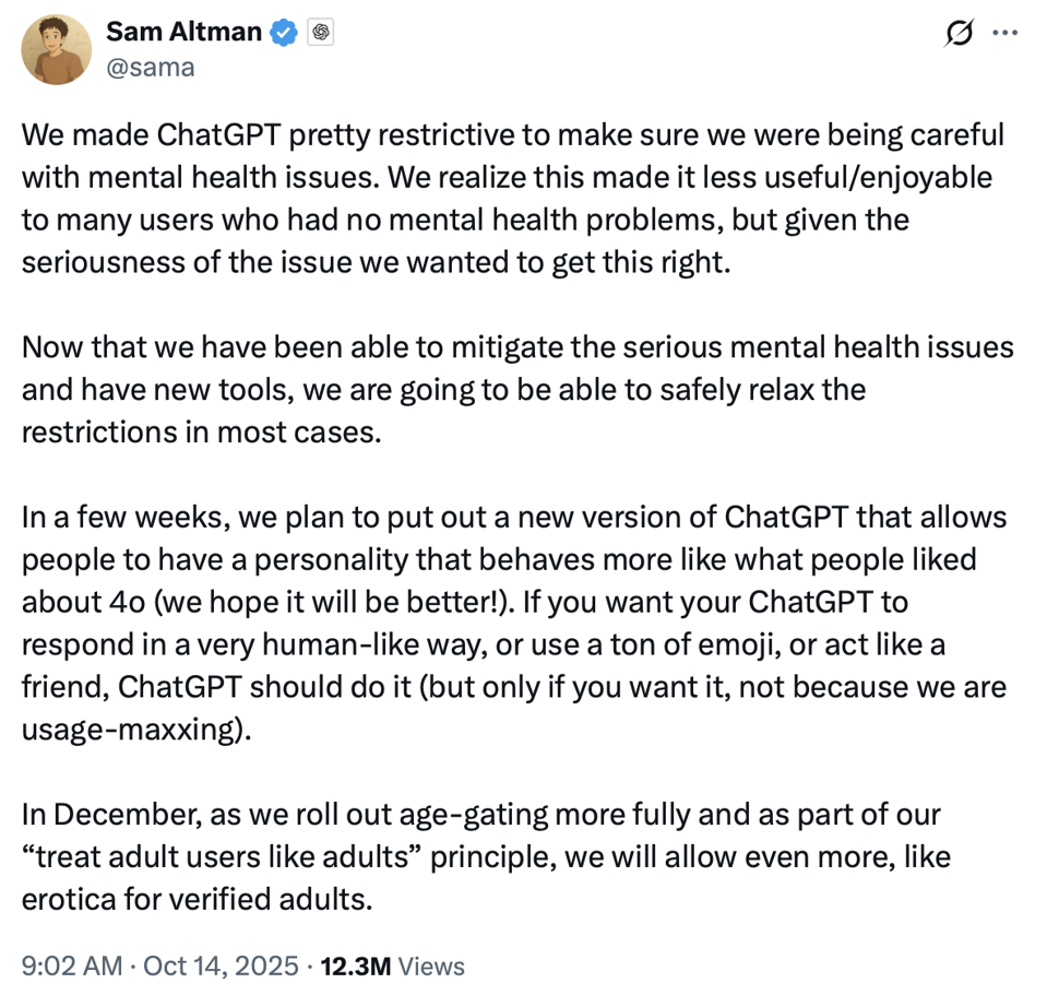 Sam Altman posted that ChatGPT will allow erotica starting in December of 2025