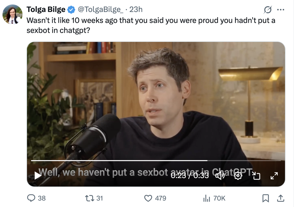 Sam Altman speaking to an interviewer about not putting a 