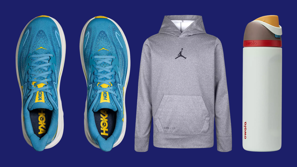 Collage featuring a pair of blue Hoka sneakers, a gray Jordan hoodie and an Owala water bottle.