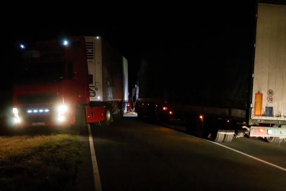 A truck blocks the highway from the Russian city of Samara...