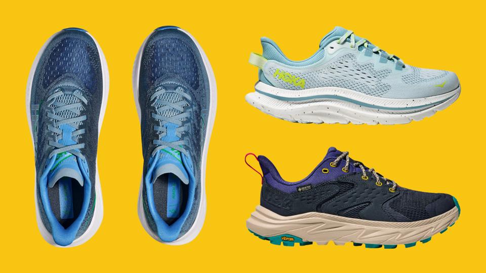 Collage of three discounted Hoka sneakers.