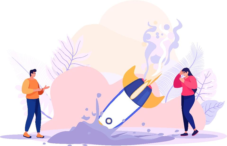 Illustration d'une petite fusée qui s'est écrasée. Un homme et une femme se tiennent de chaque côté. Échec du concept de lancement de démarrage.