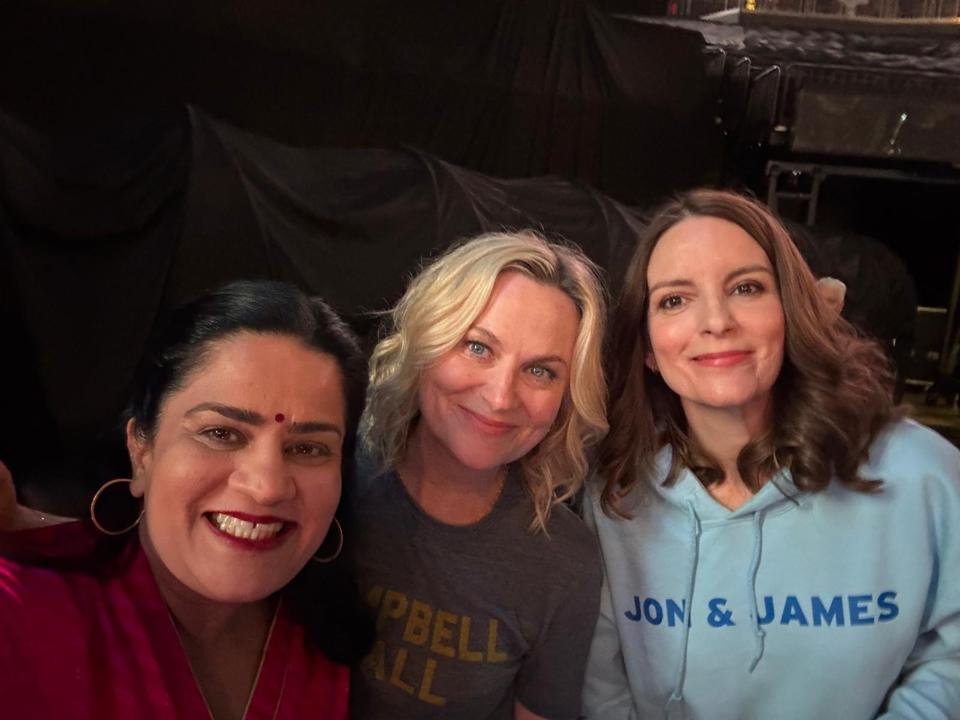 Comedians Zarna Garg, Amy Poehler and Tina Fey