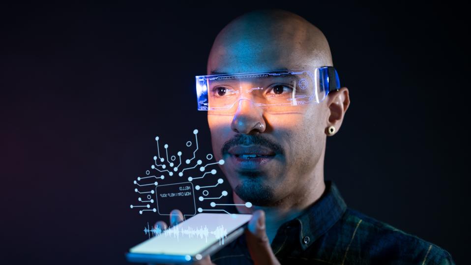 Businessman speaking OpenAI prompts over smartphone, for career growth