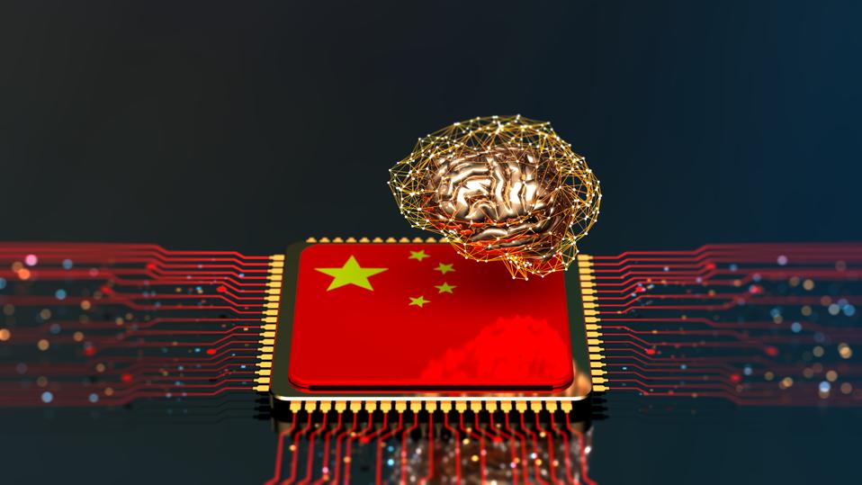 Artificial Intelligence concept brain and CPU with Chinese flag