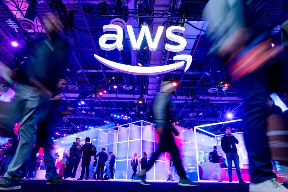 AWS logo displayed at re:Invent conference (Photo by Noah Berger/Getty Images)