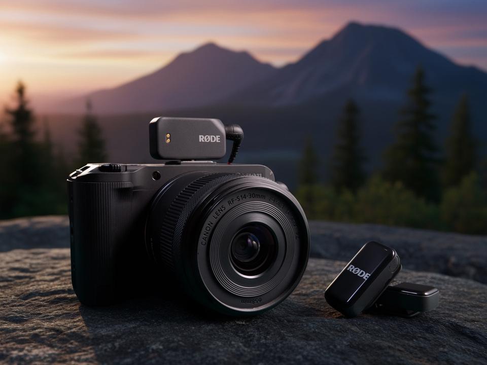 RØDE wireless micro camera kit on a camera with mountains in background