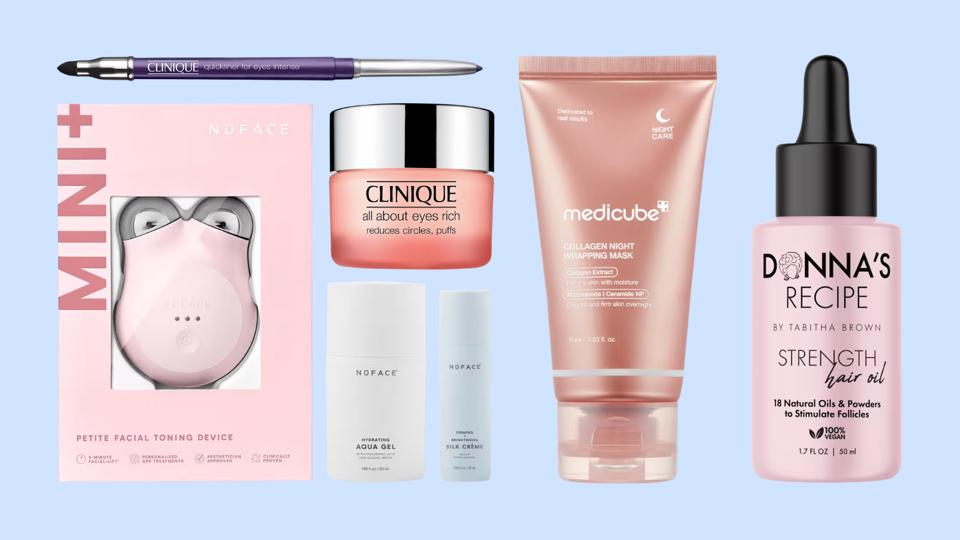 Collage featuring products from NuFace, Clinique, Medicube and Donna's Recipe.