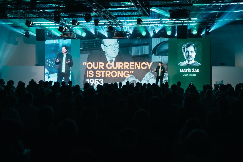 Trezor CEO Matěj Žák on stage at the Trustless by Design conference in Prague