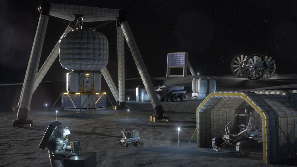 Astronauts working on the moon at a futuristic lunar habitat.