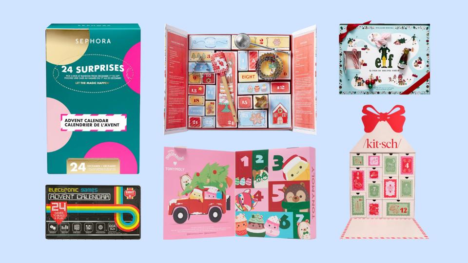 Various advent calendars against a light blue background.