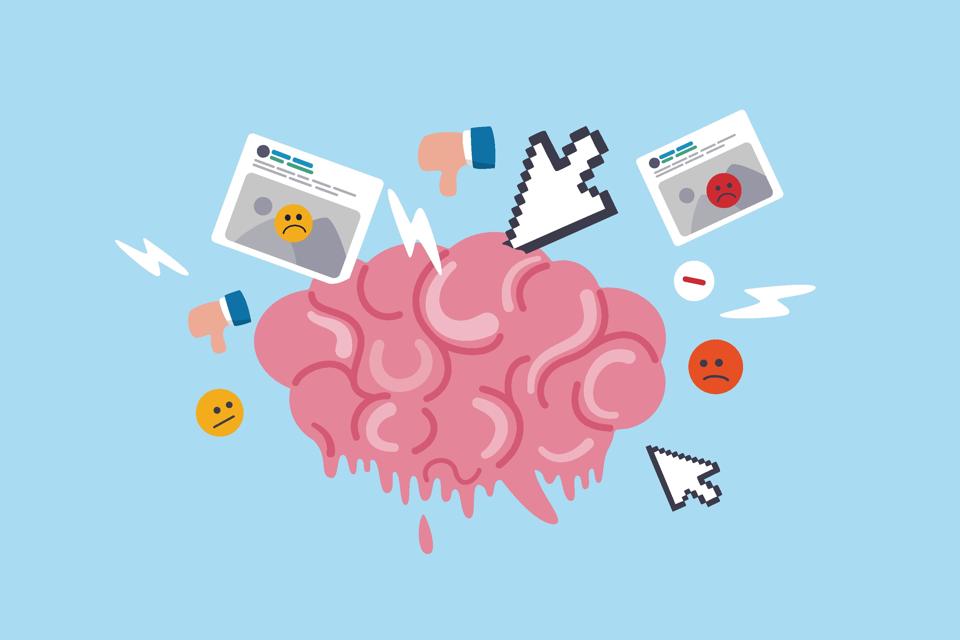Illustration of a brain surrounded by internet symbols like emoji and social media posts