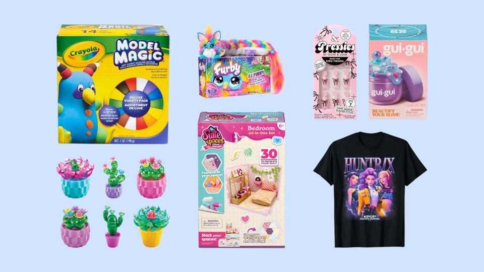 gifts for 8-year-olds: Huntrix t-shirt, Furby, Model clay, buidlable cacti