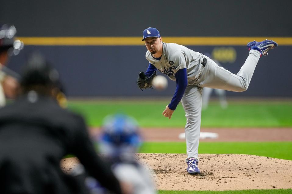 Left-handed pitcher Blake Snell throwing a pitch.