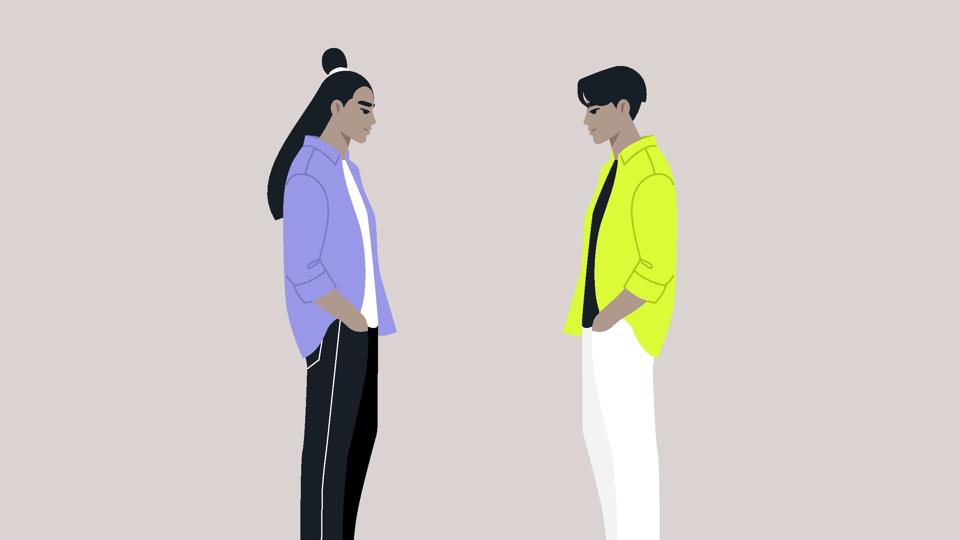 Two characters standing within their individual circles that intersect, serving as a metaphor for both their commonalities and differences