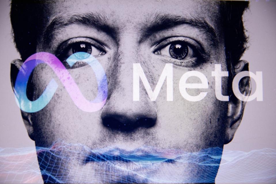 A black-and-white image of Meta CEO Mark Zuckerberg with the company’s infinity-shaped logo and the word “Meta” superimposed across his face.