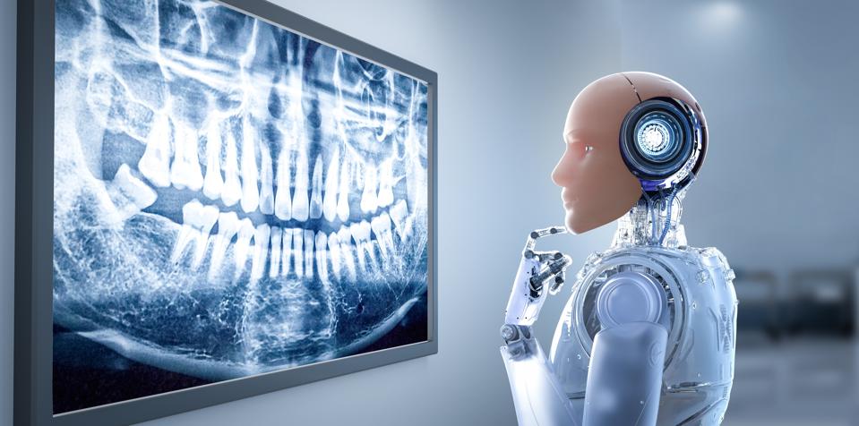 Medical technology concept with artificial skin robot analyze x-ray teeth tomography