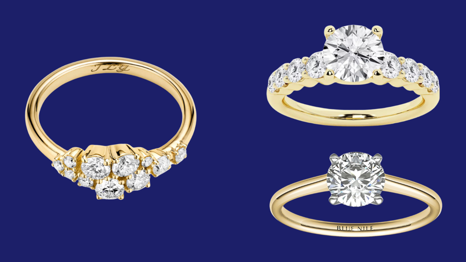 Three engagement rings on a dark blue background