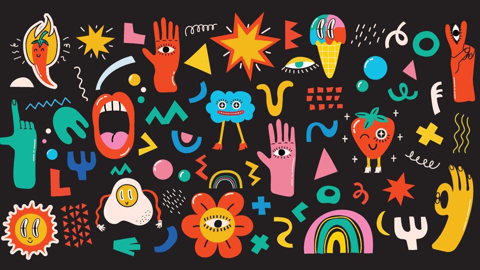 Big Set of Different colored Vector illustrations in Cartoon Flat design. Hand drawn Abstract shapes, funny cute