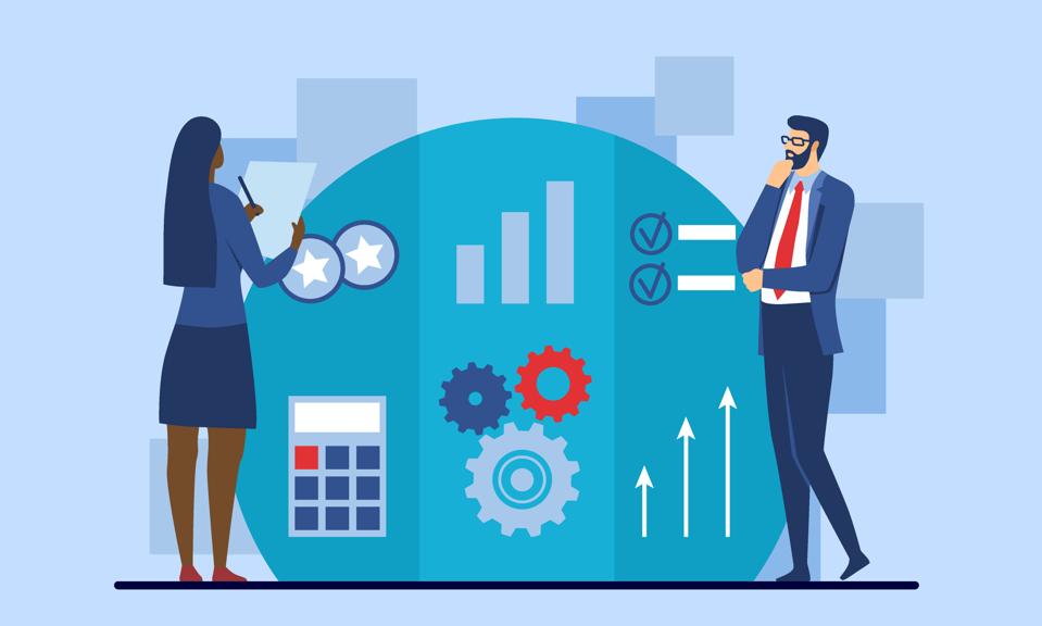 Cartoon-style image of a businesswoman on the left and a businessman on the right studying business icons. Scaling a business concept.