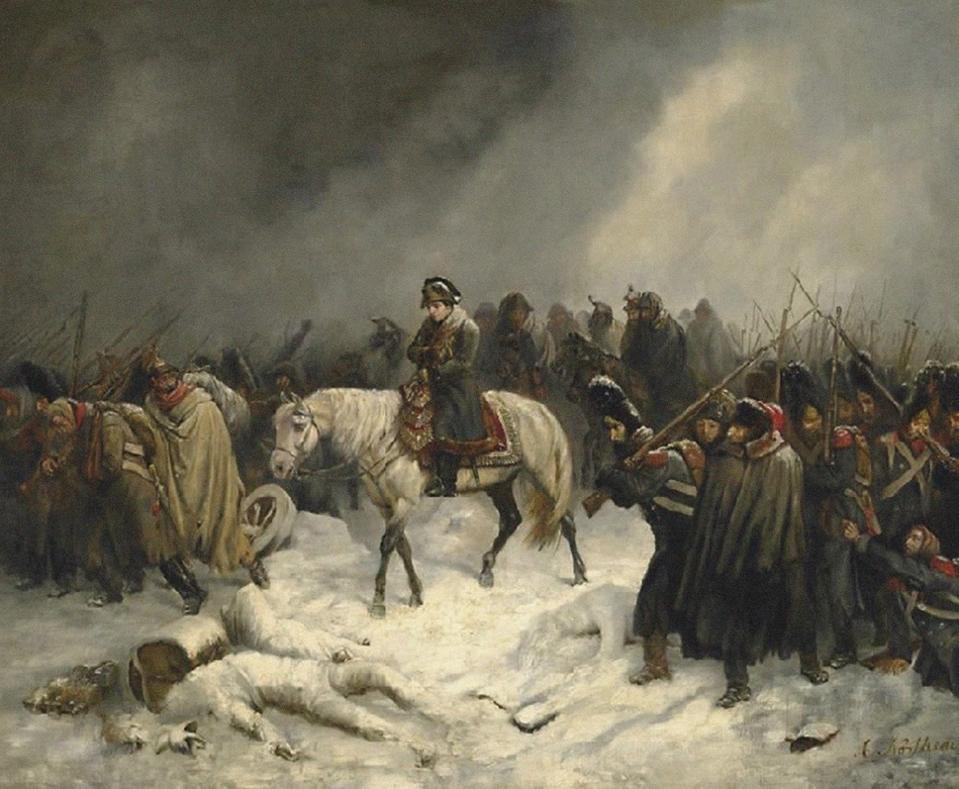 A painting of Napoleon on a white horse, surrounded by soldiers trudging through snow