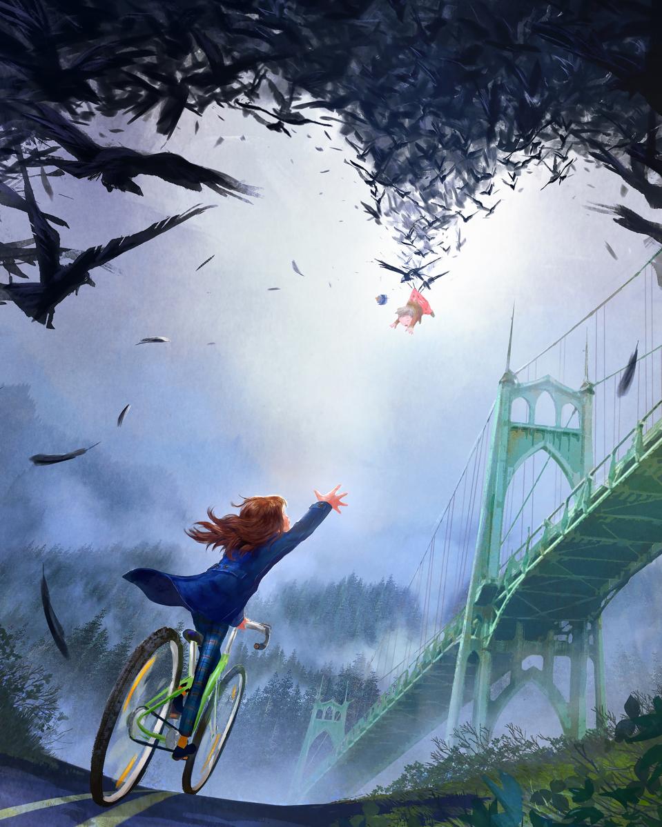 Art of the main character from LAIKA's film WILDWOOD chasing a storm of crows 
