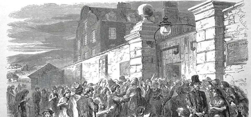 Scene of a famine in Ireland, people begging for food, around 1846, consequence of several crop failures caused by the potato blight, Historical, digitally restored reproduction from a 19th century original, Record date not stated