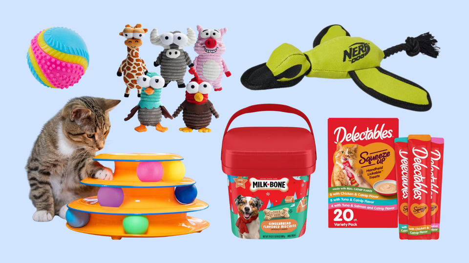 Collage of pet toys and treats, including Milk Bones, Delectables and plush animals, on blue bg.