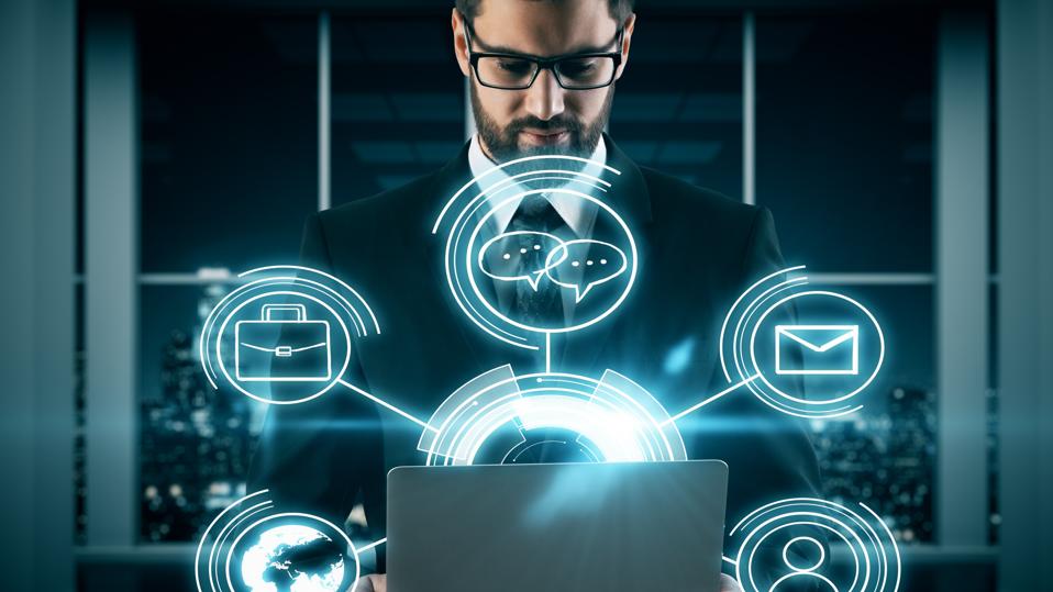 Professional man typing on laptop, with AI icons, representing ChatGPT for six figures