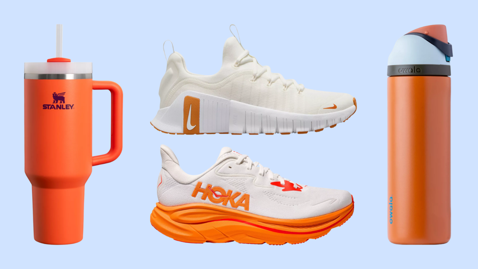 Collage of a Nike and Hoka sneaker and a Stanley and Owala bottle on blue bg.
