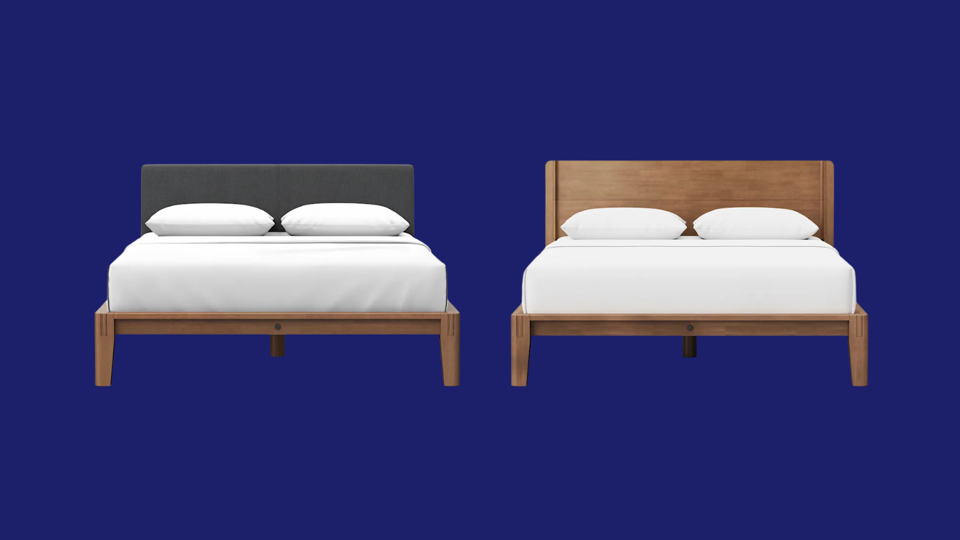 Two versions of the Thuma Classic Bed against a blue background.